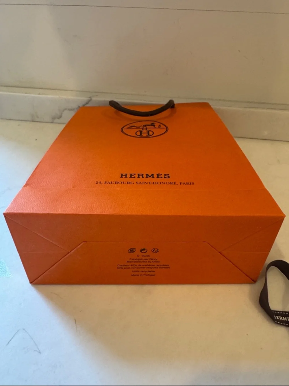 Hermes Orange Gift Bag with Brown ribbon and card  8.5x11.5x3